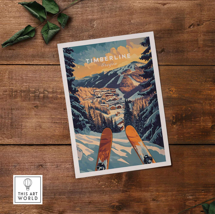 Vintage Timberline Oregon ski poster with snowy mountain landscape on wooden background.