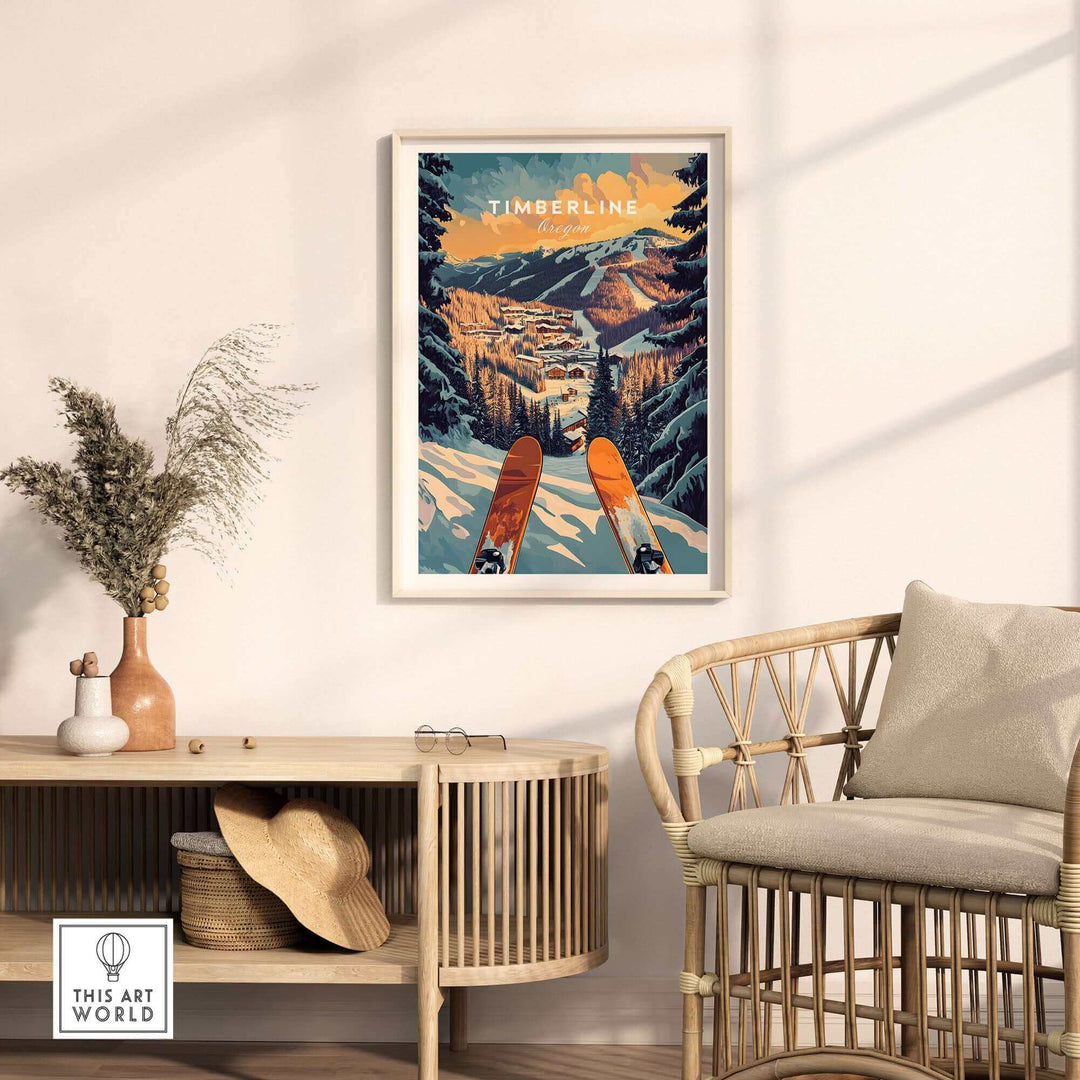 Timberline ski poster in modern room setting, showcasing ski scene artwork with mountains and trees.