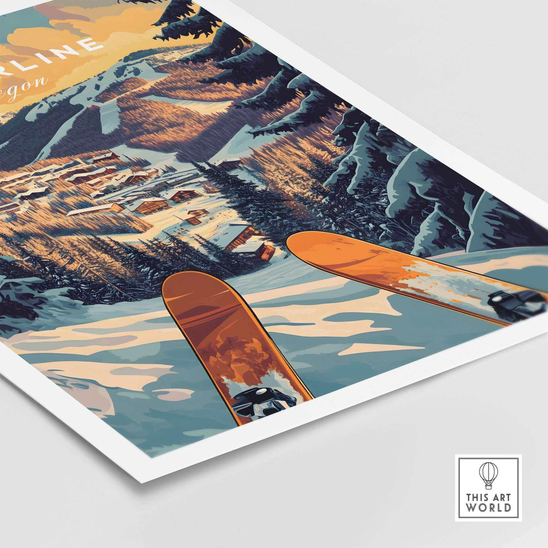 Retro Timberline ski poster with snowy mountain scene and vintage skis, showcasing a scenic winter landscape.