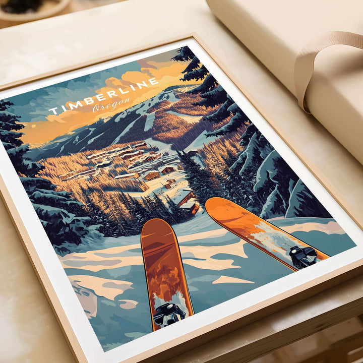 Timberline Ski Poster featuring a scenic mountain view with skis in the foreground, highlighting the beauty of Oregon's slopes.