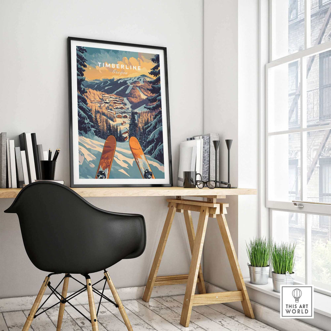 Framed Timberline Ski Poster displayed on a modern desk with an artful setting, featuring scenic mountain and ski imagery.