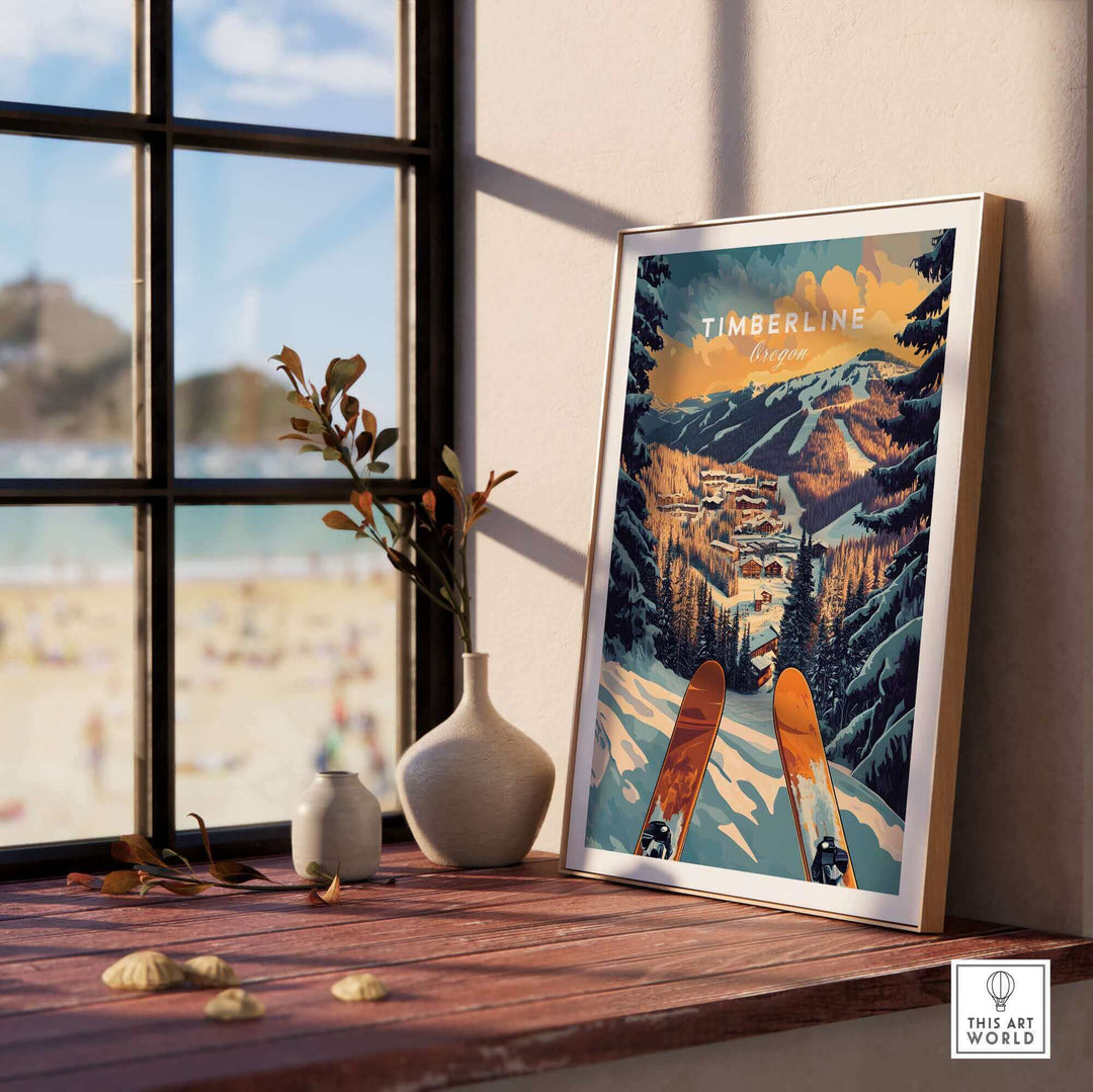 Timberline ski poster in a wooden frame on a sunlit windowsill with a beach view in the background.