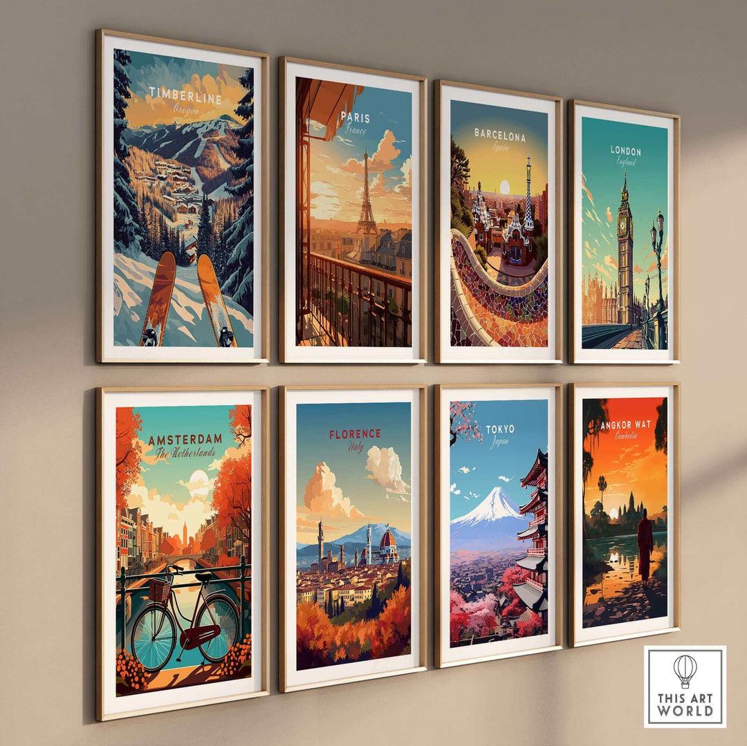 Wall display of colorful city posters, including Timberline ski scene and iconic landmarks from Paris, Barcelona, London, Amsterdam, Florence, Tokyo, and Angkor Wat.