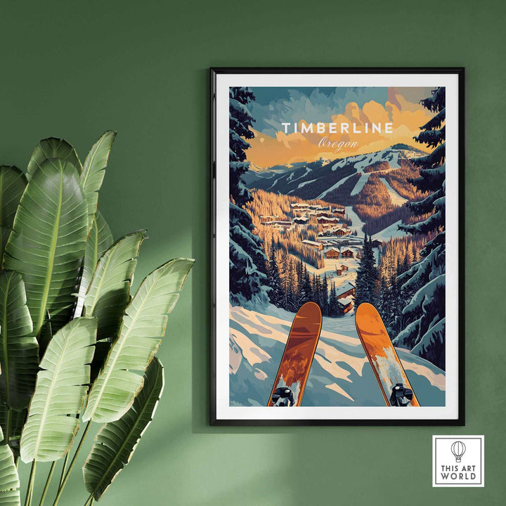 Vintage-style Timberline ski poster featuring scenic mountain view with skis in foreground, perfect for ski enthusiasts and art lovers.