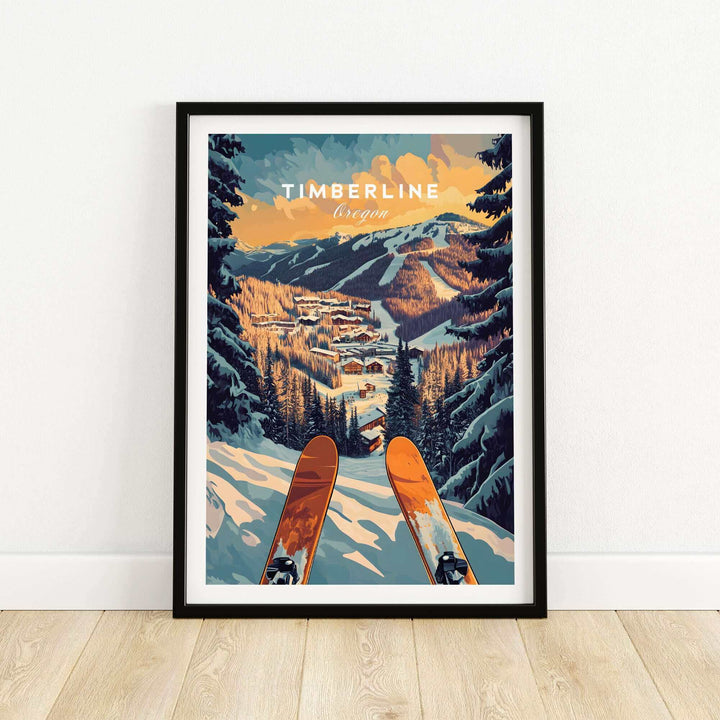 Vintage Timberline Ski Poster featuring snowy mountain landscape and skis, perfect for rustic home decor and winter sports enthusiasts.