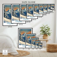 Timberline Ski Print size guide showcasing various frame sizes in a cozy home setting with mountain artwork.