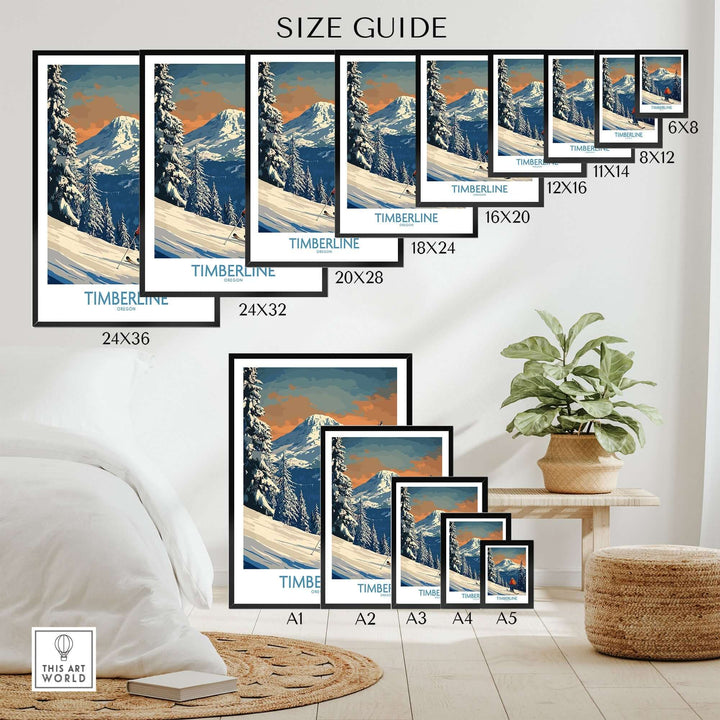 Timberline Ski Print size guide showcasing various frame sizes in a cozy home setting with mountain artwork.