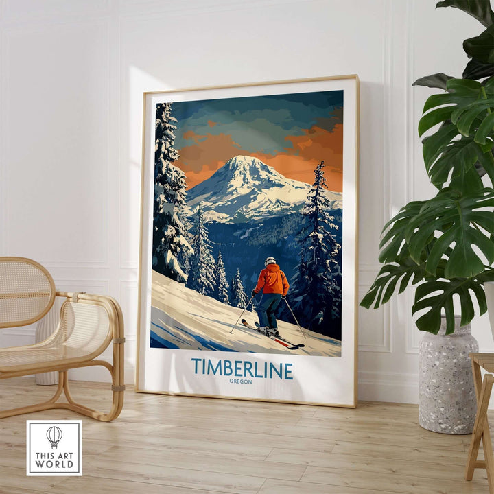 Timberline Ski Print featuring a skier in Oregon's majestic mountains, perfect for outdoor enthusiasts' wall art.