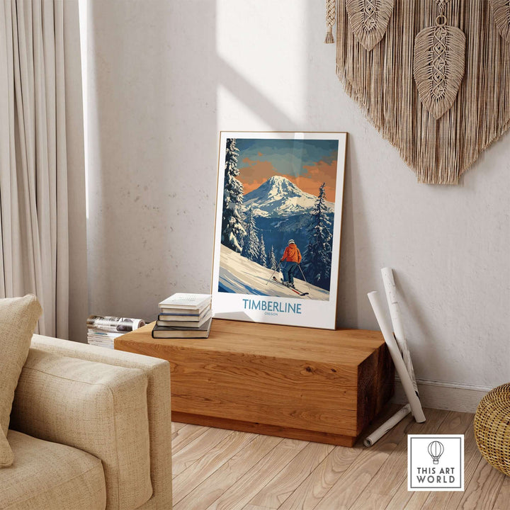 Timberline Ski Print showcasing Oregon's mountains, perfect wall art for outdoor enthusiasts in a cozy home setting.