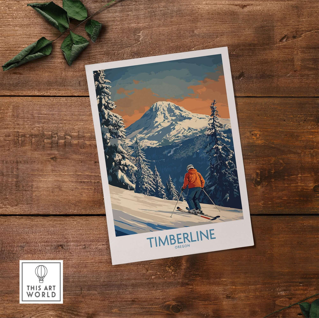 Timberline Ski Print featuring a skier in Oregon with majestic mountains and snow-covered trees, perfect for outdoor lovers' decor.