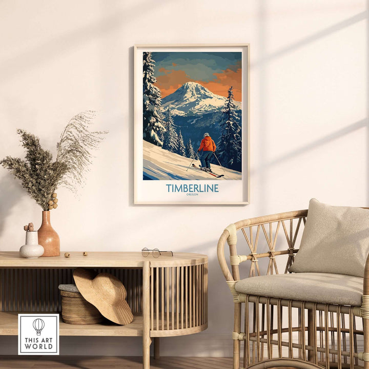 Timberline Ski Print showcasing a skier against Oregon's majestic mountains, perfect for outdoor lovers' home decor.