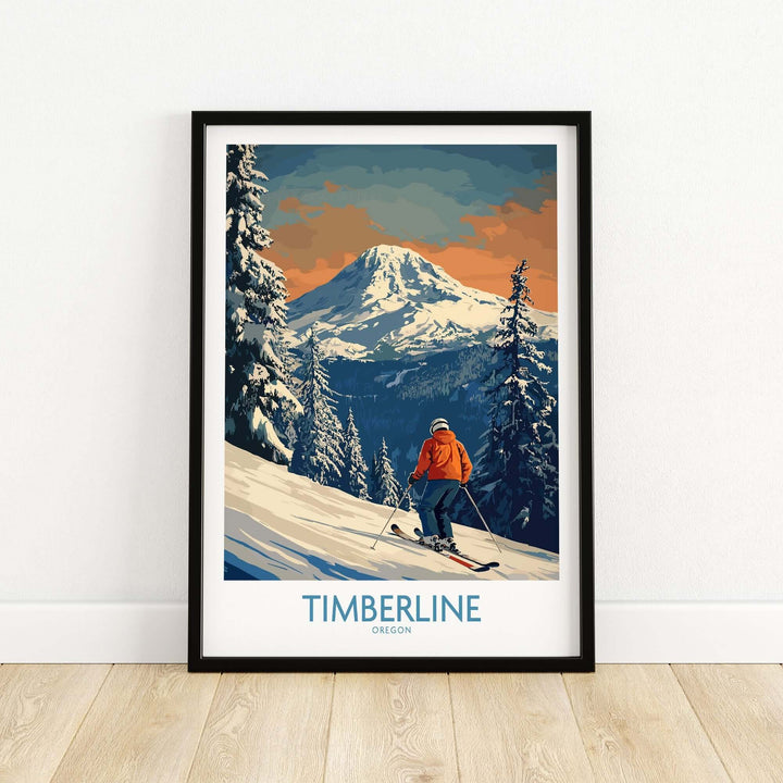 Timberline Ski Print showcasing Oregon's mountains, featuring a skier on fresh snow with a stunning sunset backdrop.