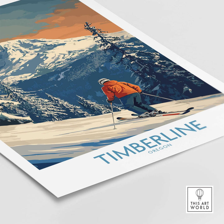 Timberline Ski Print featuring a skier in Oregon's mountains with snowy landscapes and vibrant colors, perfect for outdoor lovers.