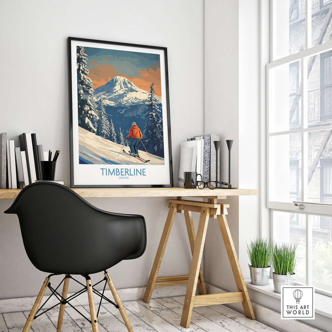 Timberline Ski Print showcasing a skier with Oregon mountains in the background, perfect for outdoor-themed home decor.