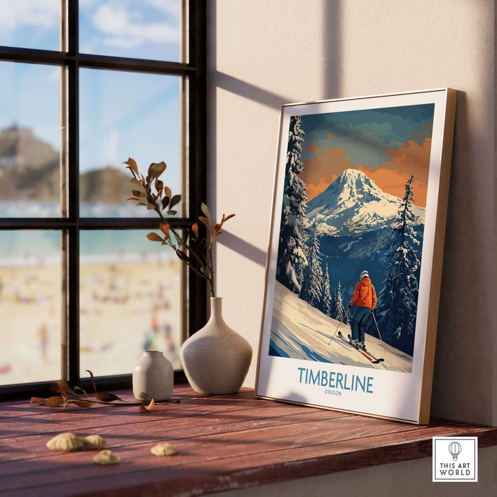 Timberline Ski Print featuring a skier in Oregon's mountains, perfect for outdoor lovers and ski wall art decor.