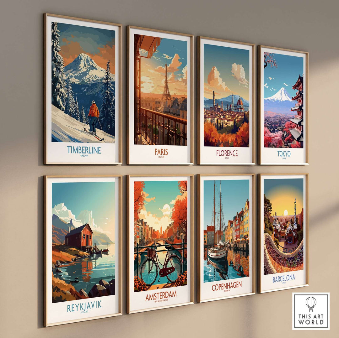 Timeless travel poster prints featuring Timberline, Paris, Florence, Tokyo, Reykjavik, Amsterdam, Copenhagen, and Barcelona.