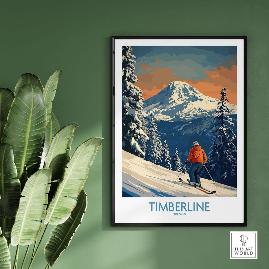 Timberline Ski Print showcasing a skier in Oregon's majestic mountains, perfect for outdoor enthusiasts' decor.