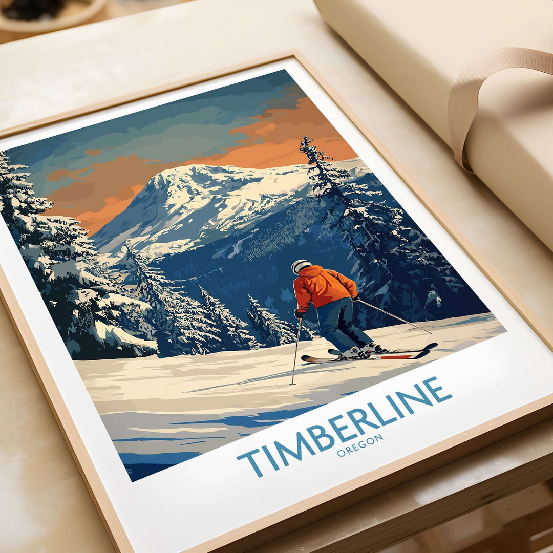 Vibrant Timberline ski print depicting a skier against Oregon's majestic mountain backdrop, perfect for ski wall art.