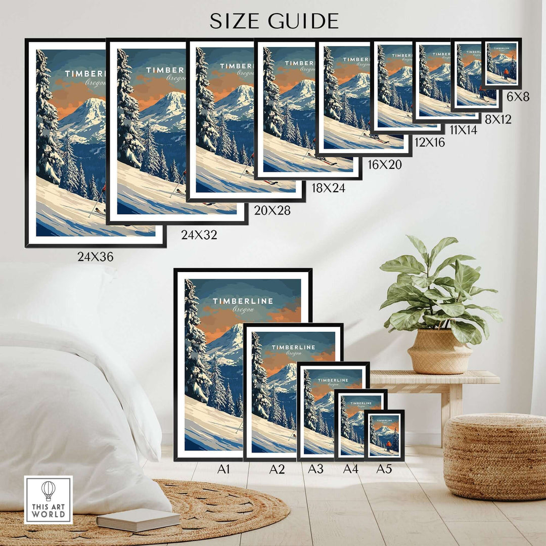 timberline travel poster size guide featuring various frame sizes for Oregon ski print decor in a cozy setting