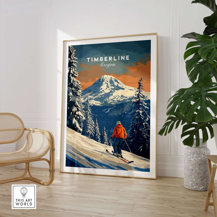 Timberline travel poster featuring a skier on snowy slopes with a mountain backdrop, perfect for outdoor enthusiasts.