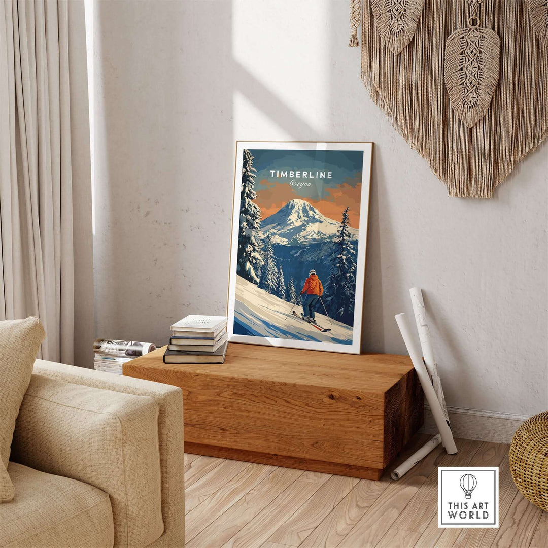 Timberline Travel Poster featuring a skier in Oregon's stunning winter landscape, perfect for outdoor and travel enthusiasts.