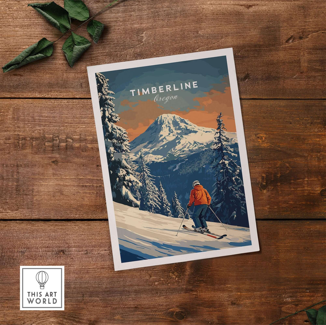 Timberline Travel Poster featuring a skier in Oregon's snowy landscape, capturing the spirit of adventure and outdoor beauty.