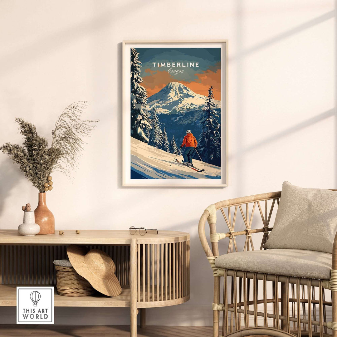 Timberline Travel Poster featuring a skier on a snowy mountain in Oregon, perfect for adventure lovers and home decor.