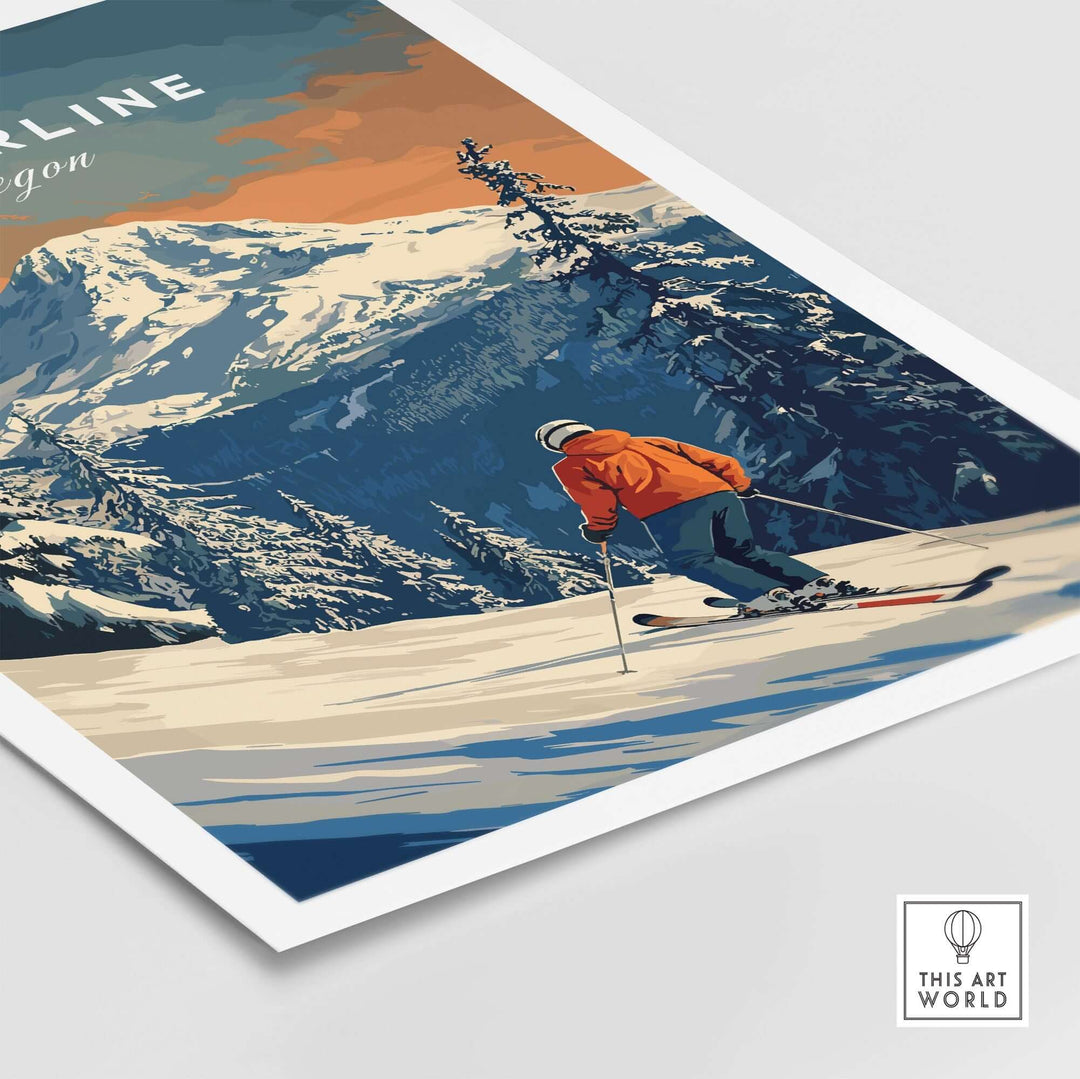 Timberline Travel Poster showcasing a skier in Oregon's stunning mountains, perfect for outdoor adventure lovers and travel enthusiasts.