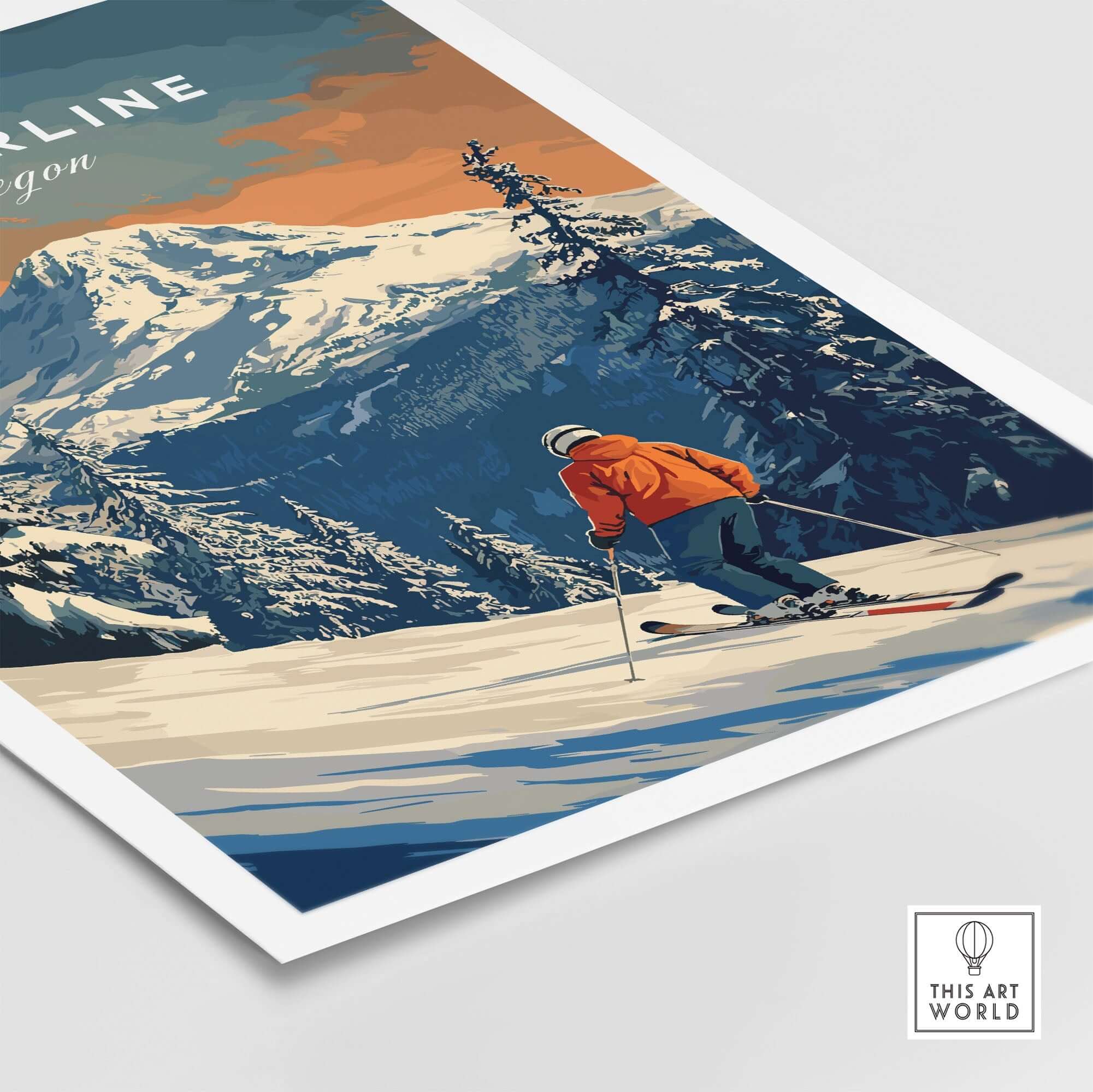 Timberline Travel Poster showcasing a skier in Oregon's stunning mountains, perfect for outdoor adventure lovers and travel enthusiasts.