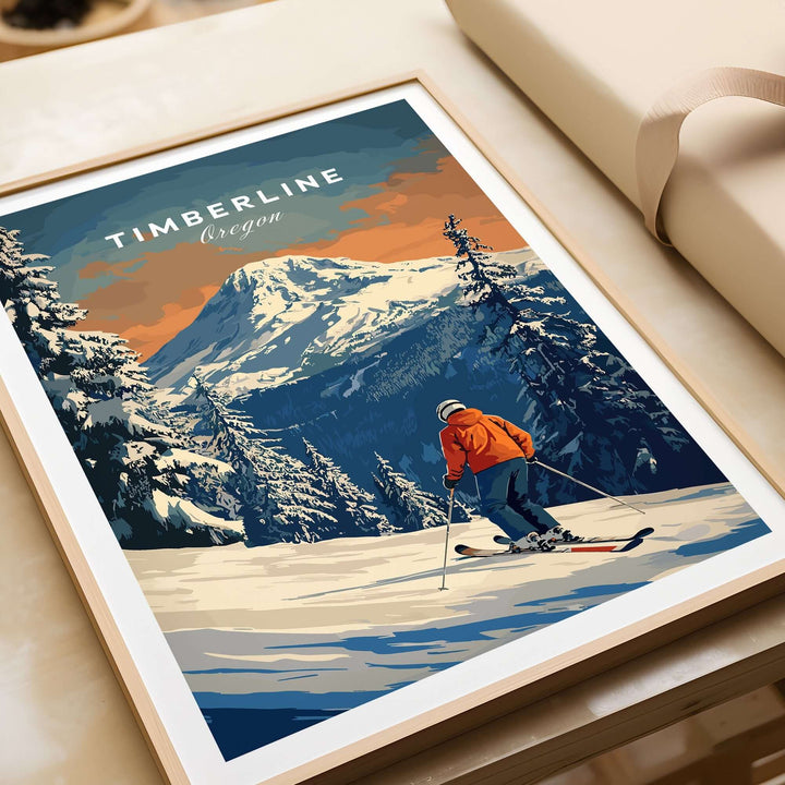 Timberline Travel Poster showcasing skier in Oregon with stunning mountain backdrop and snow-covered trees. Perfect for outdoor enthusiasts.