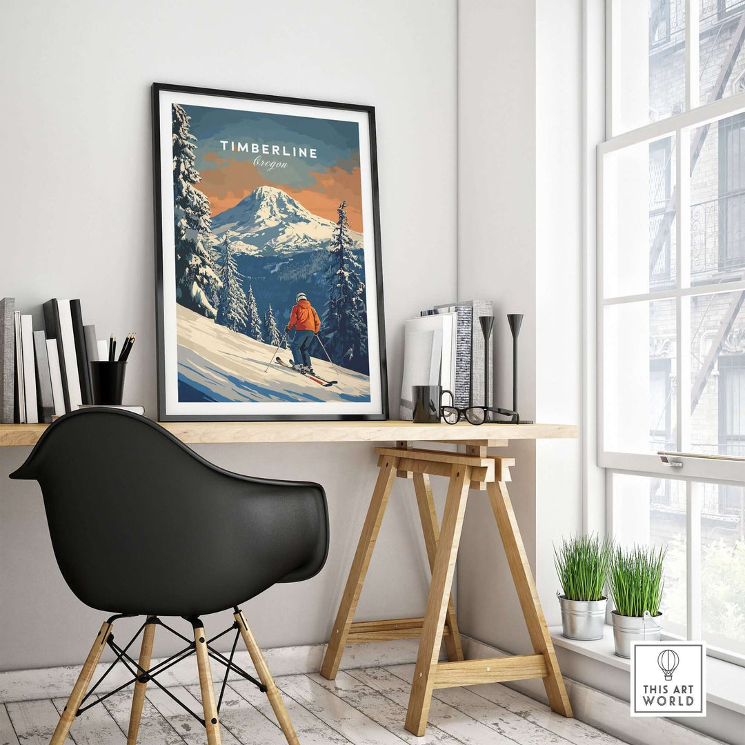 Timberline Travel Poster showcasing Oregon's snowy mountains, displayed in a modern room with sleek furniture.