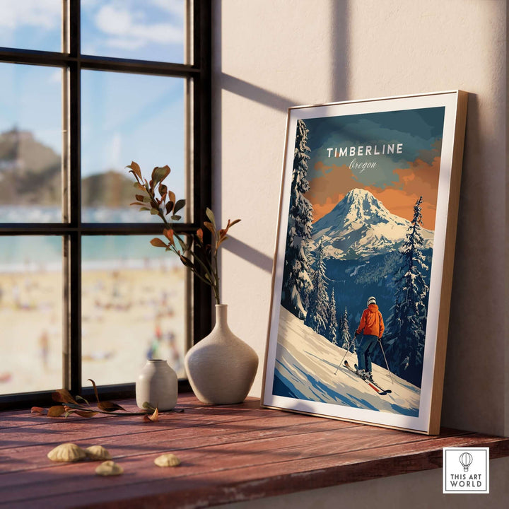 Timberline Travel Poster showcasing a skier in Oregon, framed and displayed on a sunny windowsill with beach view.