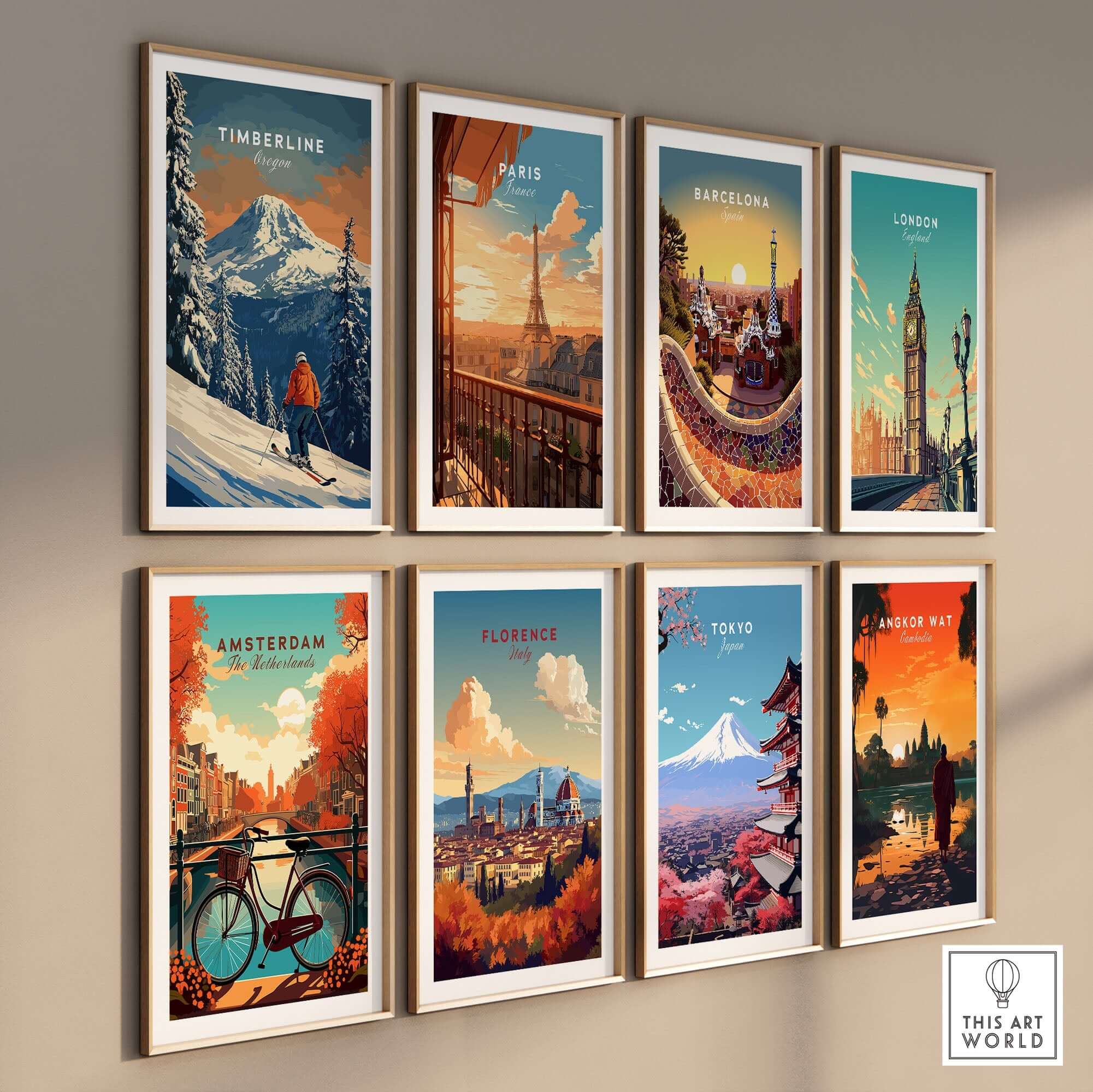 Timberline Travel Poster collection featuring ski, cityscapes, and landscapes from Oregon, Paris, Barcelona, London, Amsterdam, Florence, Tokyo, and Angkor Wat.