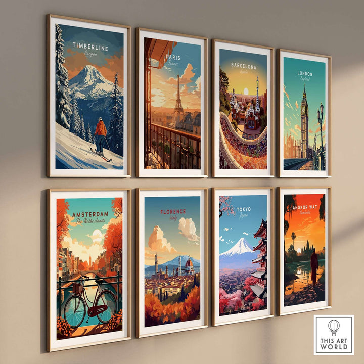 Timberline Travel Poster collection featuring ski, cityscapes, and landscapes from Oregon, Paris, Barcelona, London, Amsterdam, Florence, Tokyo, and Angkor Wat.