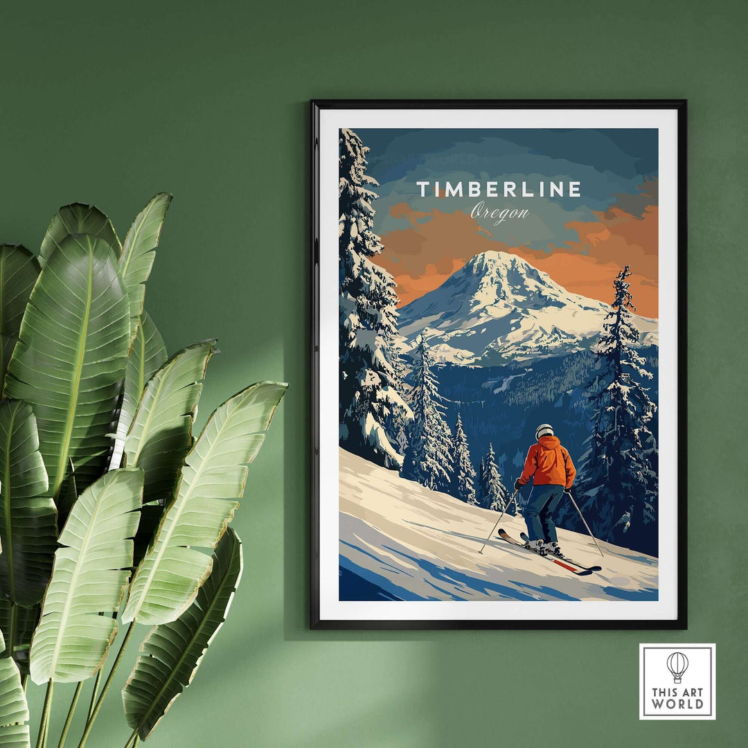 Timberline Travel Poster featuring a skier in Oregon's scenic mountains, perfect for outdoor and travel enthusiasts.