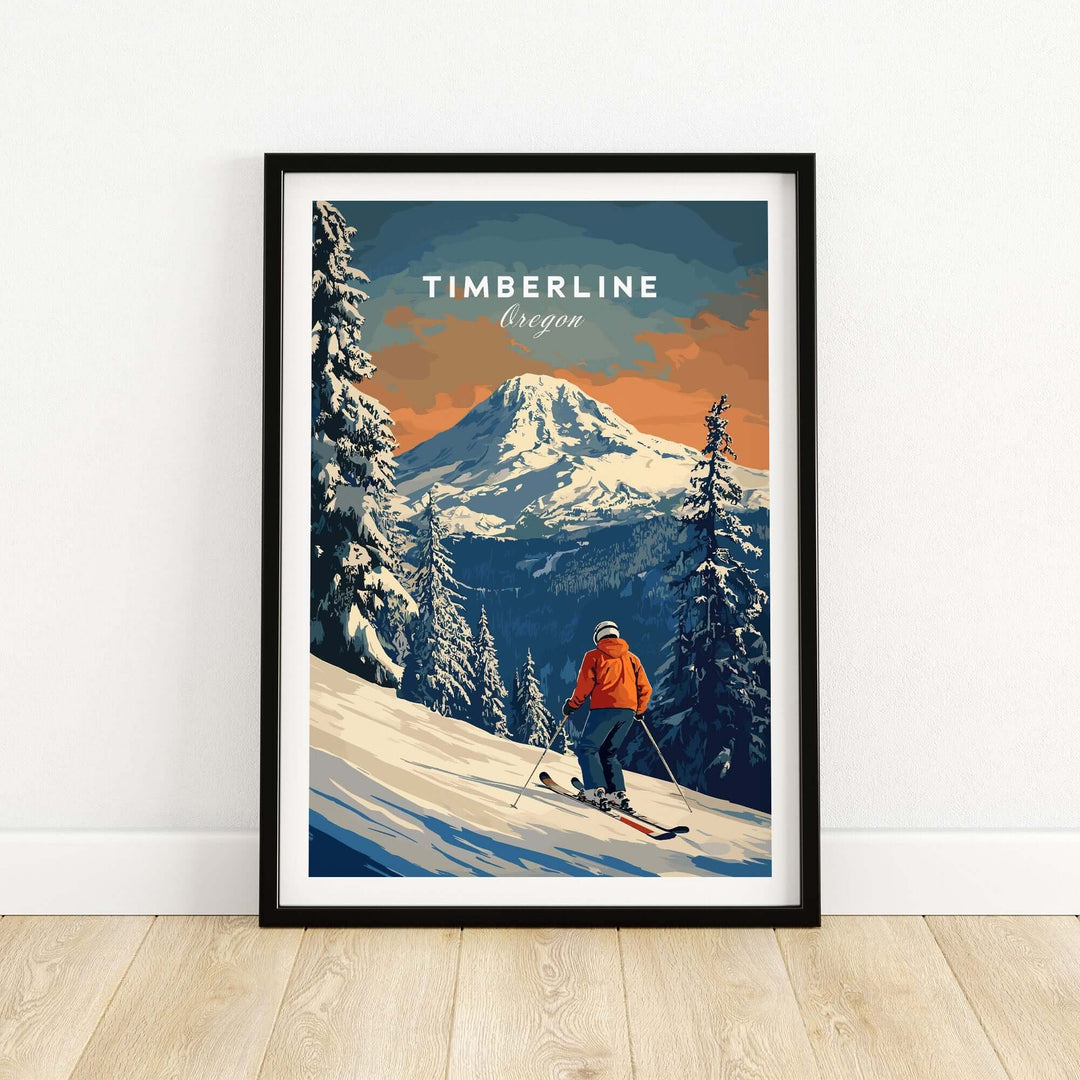 Timberline Travel Poster featuring a skier in Oregon's snowy mountains, capturing the beauty of outdoor adventure.