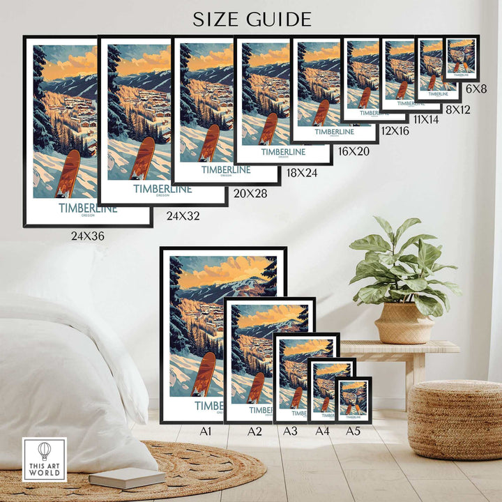 Size guide for Timberline Wall Art, featuring scenic Oregon landscape in multiple dimensions displayed in a modern room setting.