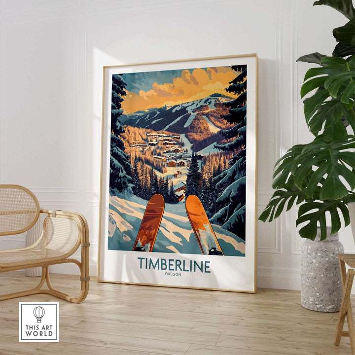 Timberline Oregon wall art with a winter mountain scene in a stylish room, featuring vibrant skis and snow-covered trees.