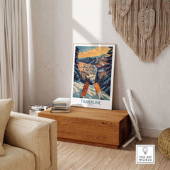 Timberline Oregon wall art in cozy living room setting with rustic decor and wooden bench.