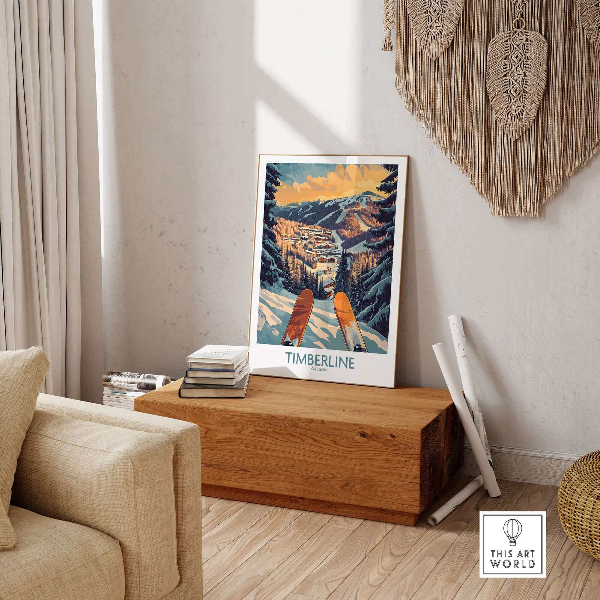 Timberline Oregon wall art in cozy living room setting with rustic decor and wooden bench.