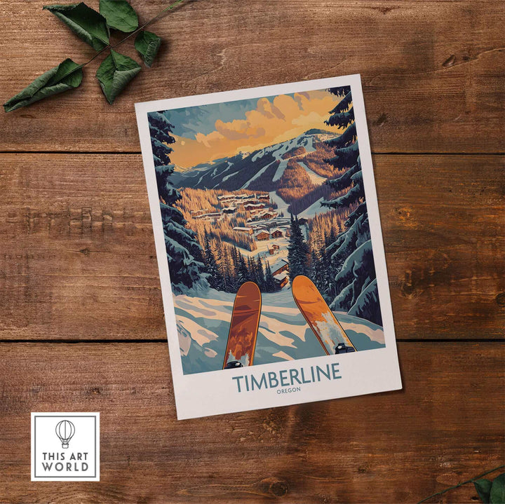 Ski-themed Timberline Oregon wall art print on wooden background with greenery accents.