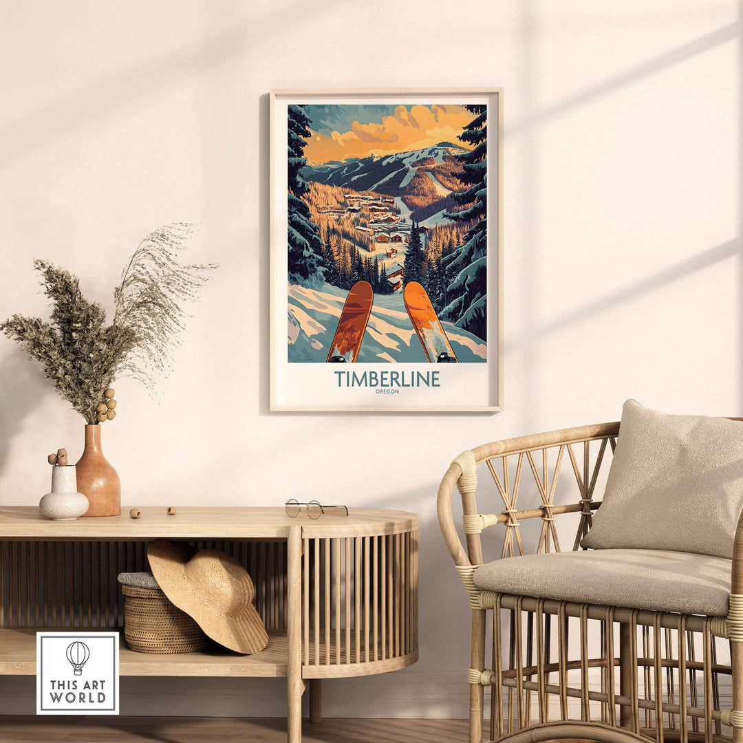 Timberline Wall Art featuring Oregon landscape with skis in cozy room setting