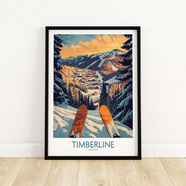 Vintage-style Timberline Oregon wall art with ski scene and mountain view, framed and displayed against a neutral background.