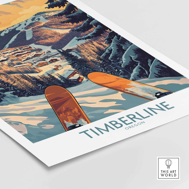 Timberline Wall Art featuring Oregon ski scene with vibrant landscape illustration and ski equipment, ideal for home decor.