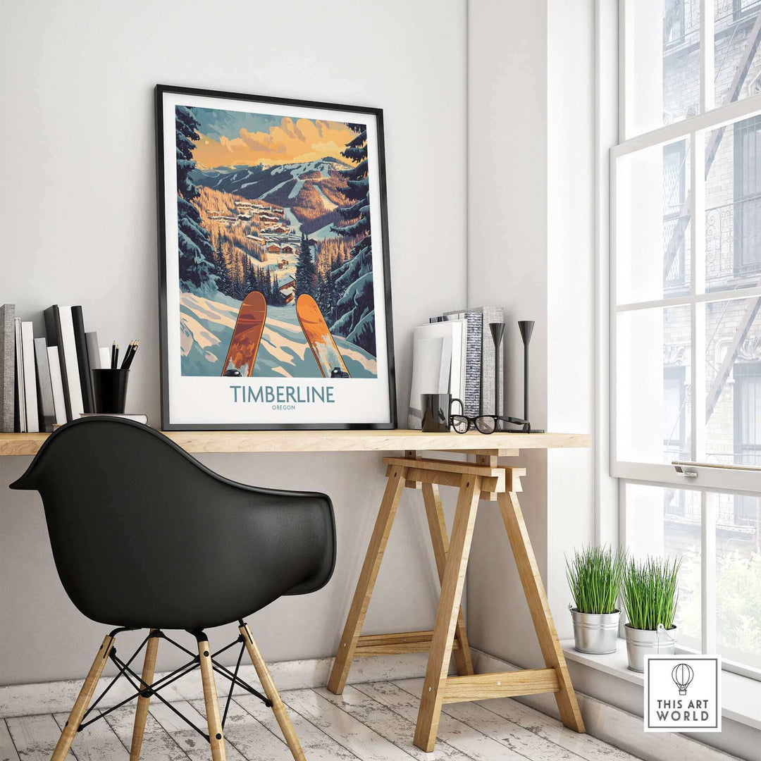 Timberline Oregon wall art displayed in a modern home office with black chair and desk, capturing scenic mountain landscape.