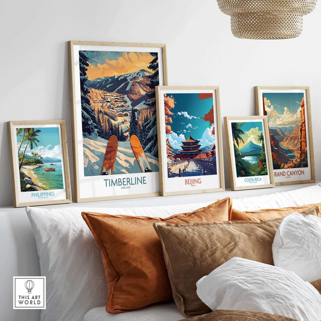 Stylish wall art display featuring Timberline Oregon, Beijing, Philippines, Costa Rica, and Grand Canyon landscape prints.