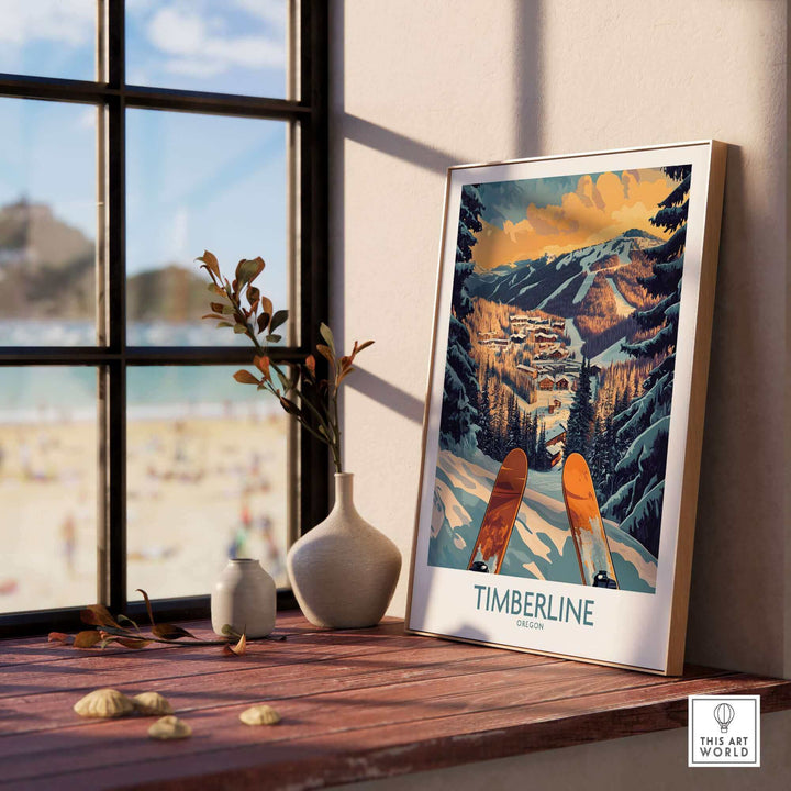 Framed Timberline Wall Art of Oregon with snowy landscape on a wooden shelf by a window, featuring ski scene and decorative vases.