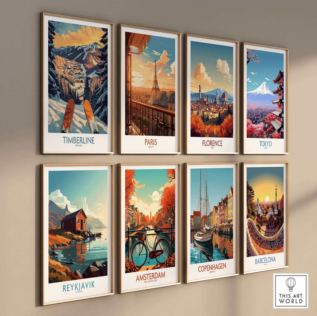 Contemporary wall art collection featuring Timberline, Paris, Florence, Tokyo, Reykjavik, Amsterdam, Copenhagen, and Barcelona.