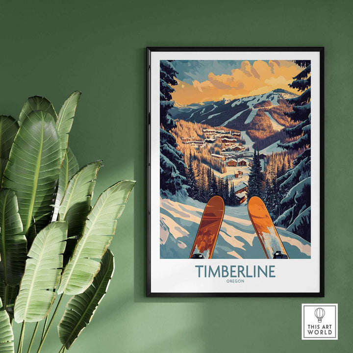 Timberline Oregon wall art with skis overlooking snowy mountain landscape, displayed on a green wall with plants