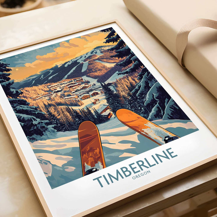 Timberline wall art featuring scenic Oregon ski slopes with mountains, depicting a vibrant winter landscape in a wooden frame.